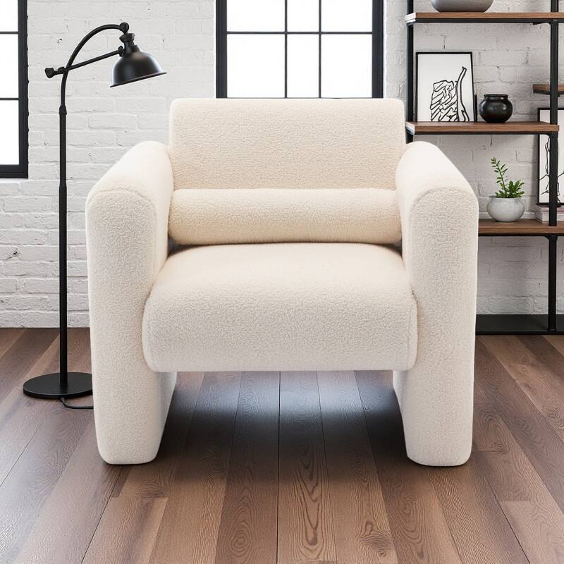 Sherpa Fabric Accent Chair with Plush Memory Foam and Lumbar Pillow（225lb Capacity） - Cream