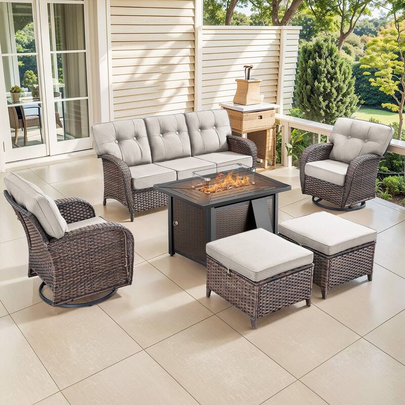 Pocassy Outdoor 43 In Fire Table with Sofa Patio Swivel Chair Set - Brown Wicker Beige Cushion - 8-Piece Sofa Swivel Chair Ottoman with Fire Table