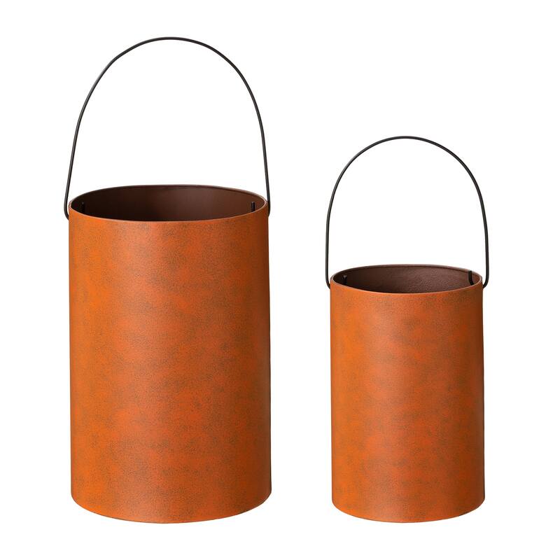 Glitzhome Set of 2 Hollow Out Metal Bucket Lanterns Candle Holder for Fall Halloween Thanksgiving
