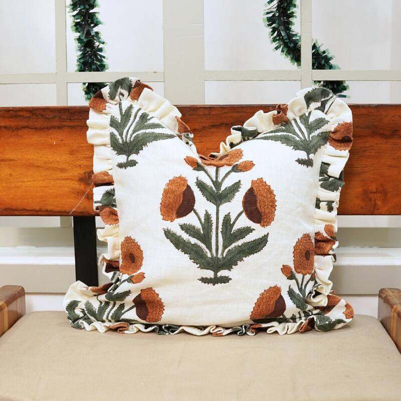 Fabdivine Heavy Linen Floral Ruffled Both Side Cushion Cover Home Décor Accent