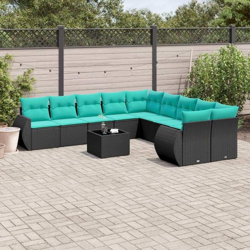 vidaXL 10 Piece Patio Sofa Set with Cushions Black Poly Rattan - 28 x 24.4 x 27.2-With table