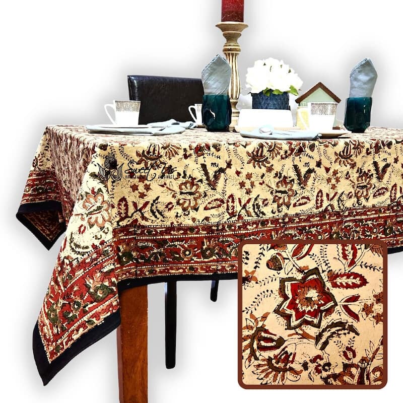 Blooming Flower Block Print Floral Cotton Tablecloth Collection
