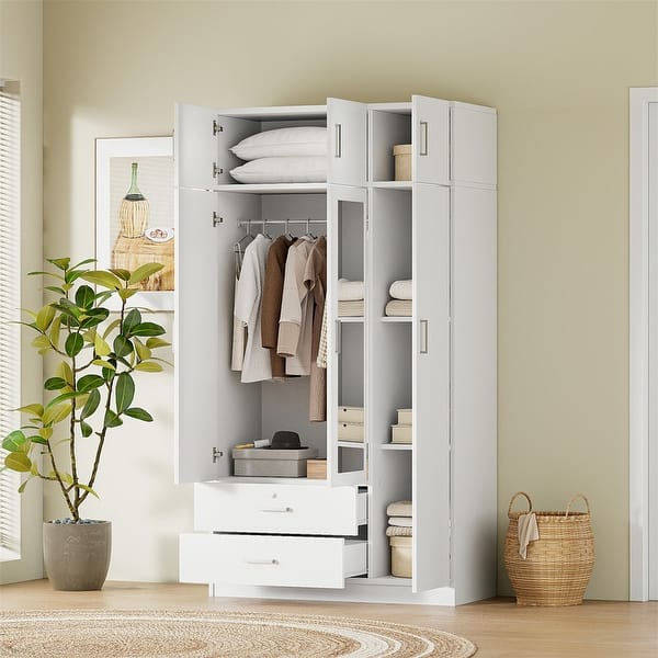 3-Door Mirror Wardrobe Closet with 2 Drawers and Top Cabinet, Bedroom Armoire Clothing Storage Cabinet w/ Hanging Rod & Shelves - Bed Bath & Beyond - 40911281 3-Door Mirror Wardrobe Closet with 2 Drawers and Top Cabinet, Bedroom Armoire Clothing Storage Cabinet w/ Hanging Rod & Shelves - Bed Bath & Beyond - 40911281