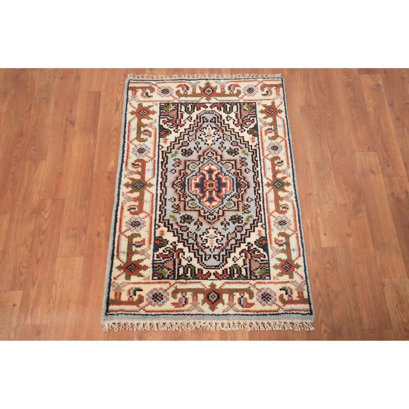 Hand Knotted Oriental 100% Wool Carpet Traditional Medallion Navy Blue & Blues Heriz (serapi) Area Rug - 3' 0'' X 2' 0''