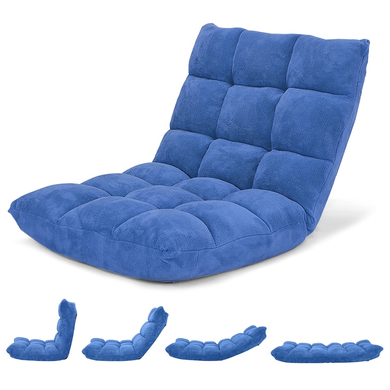 Coral Velvet Adjustable Floor Chair with 14-Position Backrest and Folding Design - 41.5" x 22.5" x 6" (L x W x H) - Blue