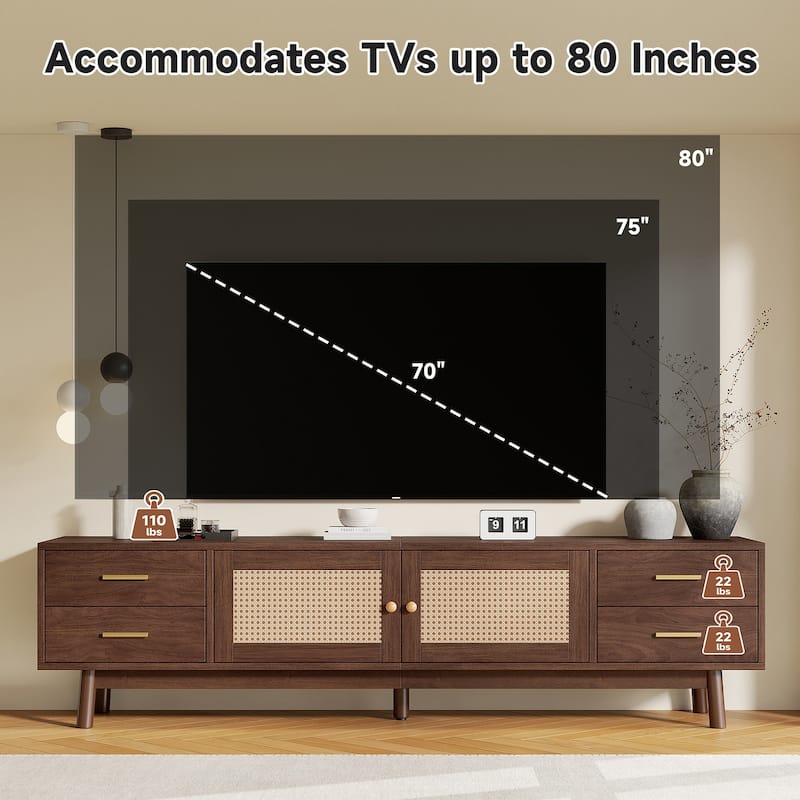 70" Modern TV Stand with Rattan Doors and 4 Drawers for TVs up to 80 in - 8' x 10'