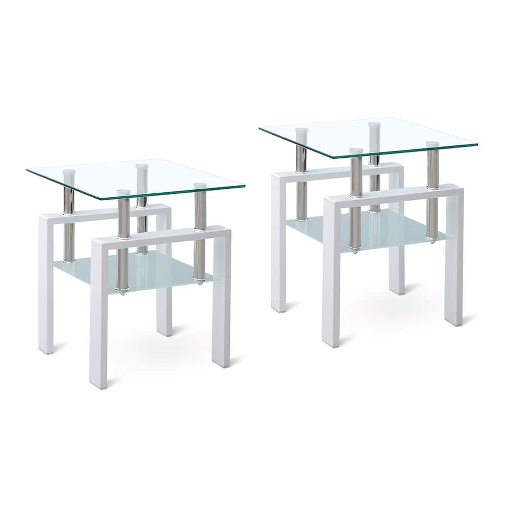 2 pieces White Tempered Clear Glass End Table, 2-Layers Small Table with Storage, Living Room Side Table