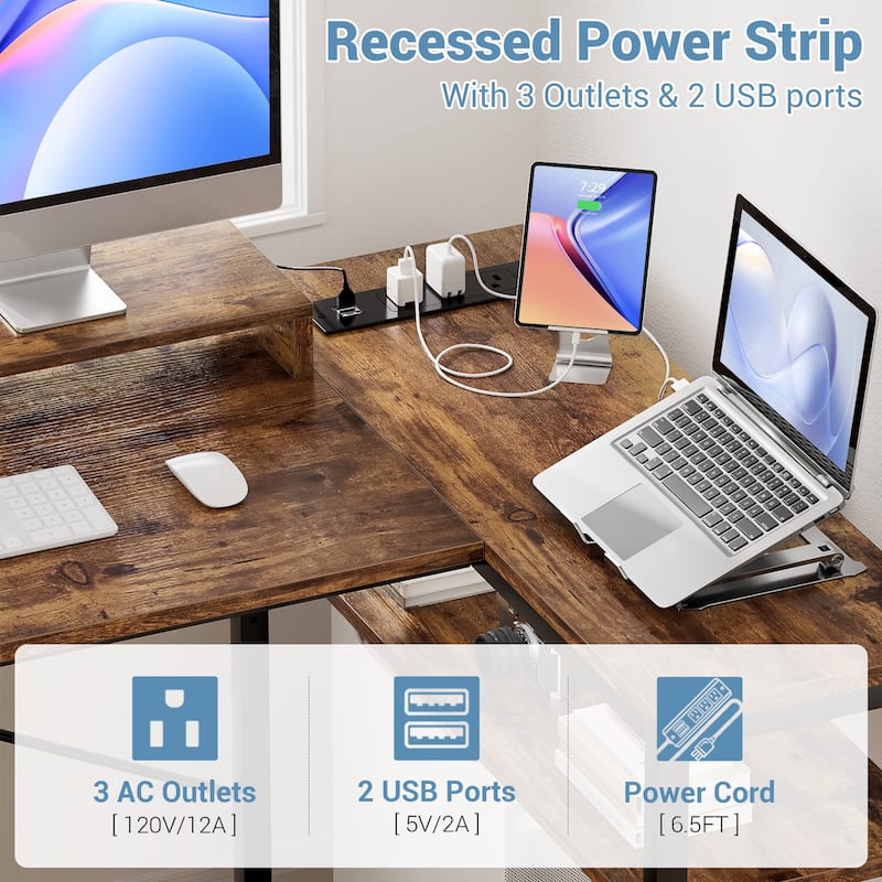Reversible 53'' L Shaped Computer Desk with Power Outlets & LED Lights,Gaming Desk with 3 Drawers & Monitor Stand