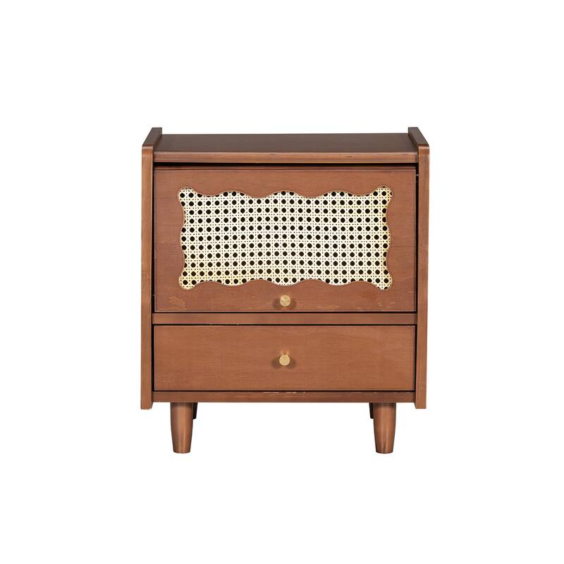 Nightstand with Rattan-Woven Door for Bedroom