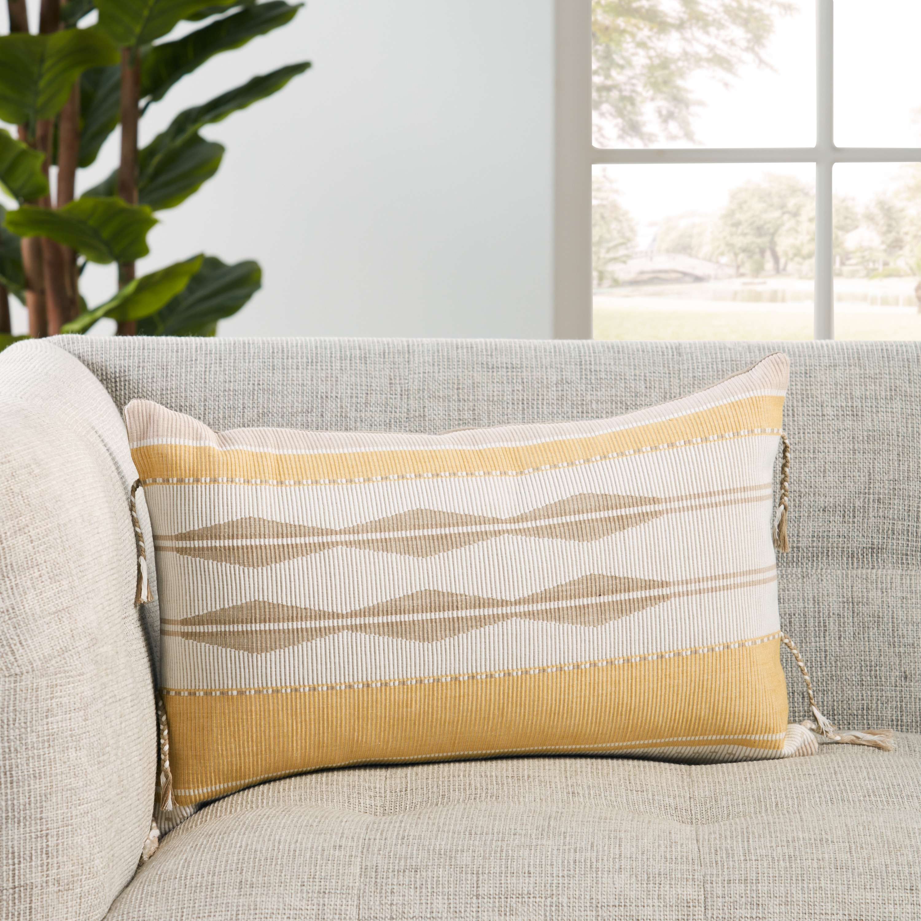 Mahalia Yellow/ Light Taupe Tribal Lumbar Pillow
