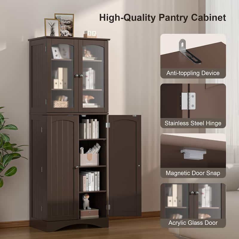 64" Kitchen Pantry Cabinet, Tall Storage Cabinet with Glass Doors and Adjustable Shelves