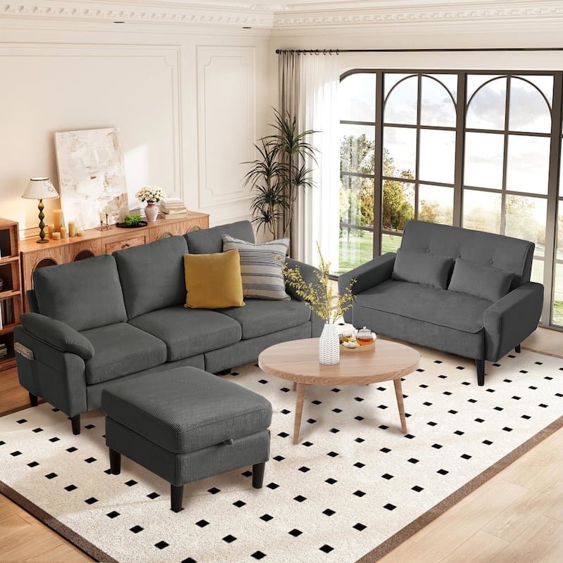 3 Piece Corduroy Living Room Sets including Sofa,Storage Ottoman and Loveseat