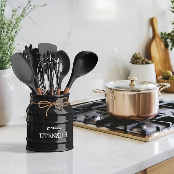 SIEBOLD Ceramic Utensil Holder For Countertop - Black & White With Gold Accents, Large Organizer For Spoons, Forks, Knives
