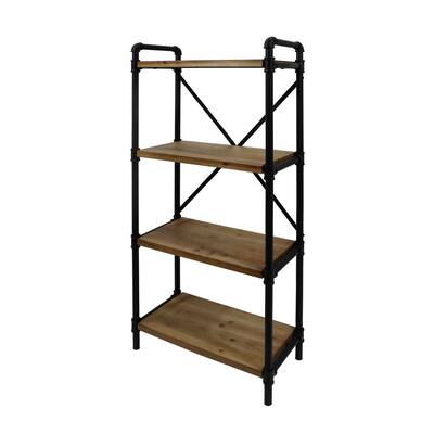 Accent Bookshelf, 56 Inch Black Metal Design, 4 Shelves, Natural Brown