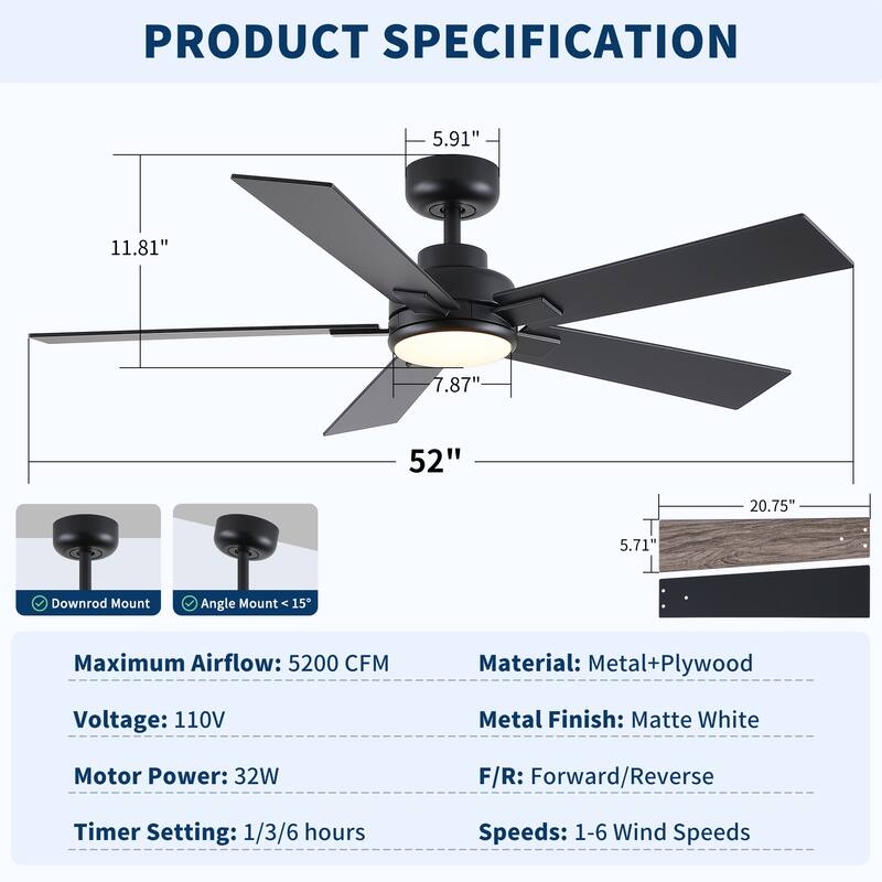 Cusp Barn 52" Modern Ceiling Fan with Light and Remote, LED Integrated Dimmable Reversible DC Motor Ceiling Fan for Living Room