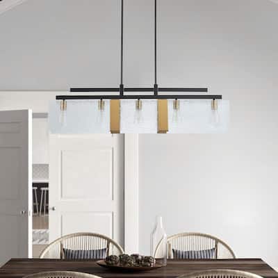 Farmhouse Matte Black 5-Light Rectangle Glass Chandelier for Kitchen Island
