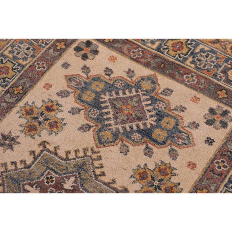 Southwestern Kazak Rory Beige/Light Blue Wool Rug - 3'3'' x 4'10''