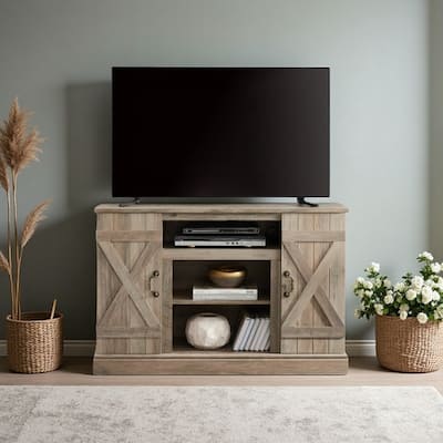 47" Farmhouse TV Console with Adjustable Shelves and Glass Cabinet Doors, Media Cabinet for TVs up to 50"