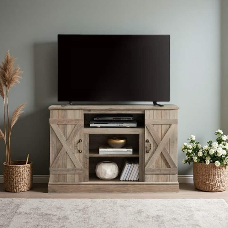 47" Farmhouse TV Console with Adjustable Shelves and Glass Cabinet Doors, Media Cabinet for TVs up to 50"