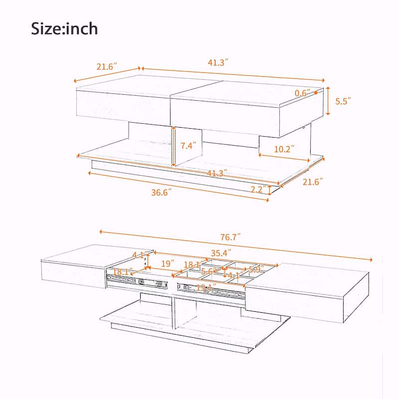 41.3''-76.7'' Extendable Coffee Table, Efficient Central Coffee Table with Multiple Storage Compartments