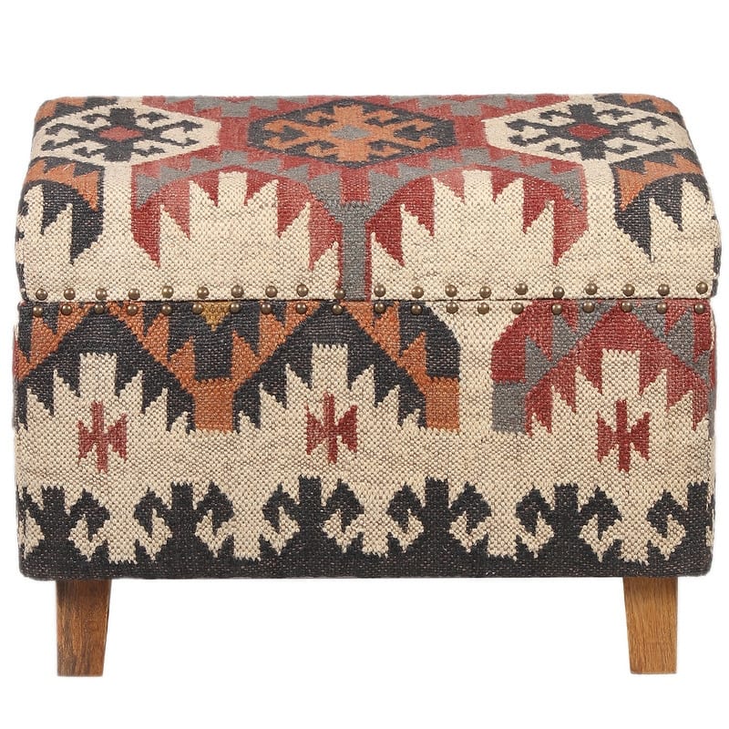 HERAT ORIENTAL Handmade Kilim Upholstered Wooden Storage Stool - Red - 24" W x 16" L x 18" H