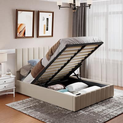 Upholstered Platform bed with a Hydraulic Storage System
