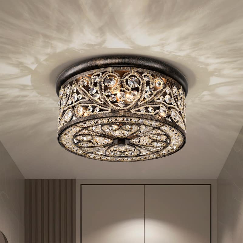 Bonfine Antique Bronze 14-inch Flushmount Ceiling Lamp with Crystals