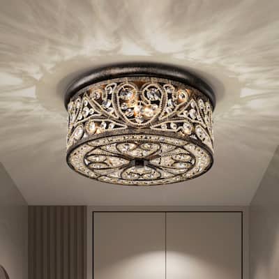 Bonfine Antique Bronze 14-inch Flushmount Ceiling Lamp with Crystals