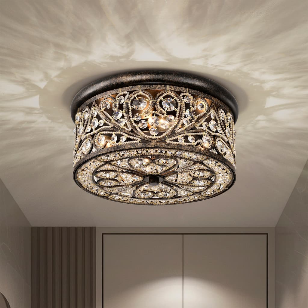 Bonfine Antique Bronze 14-inch Flushmount Ceiling Lamp with Crystals