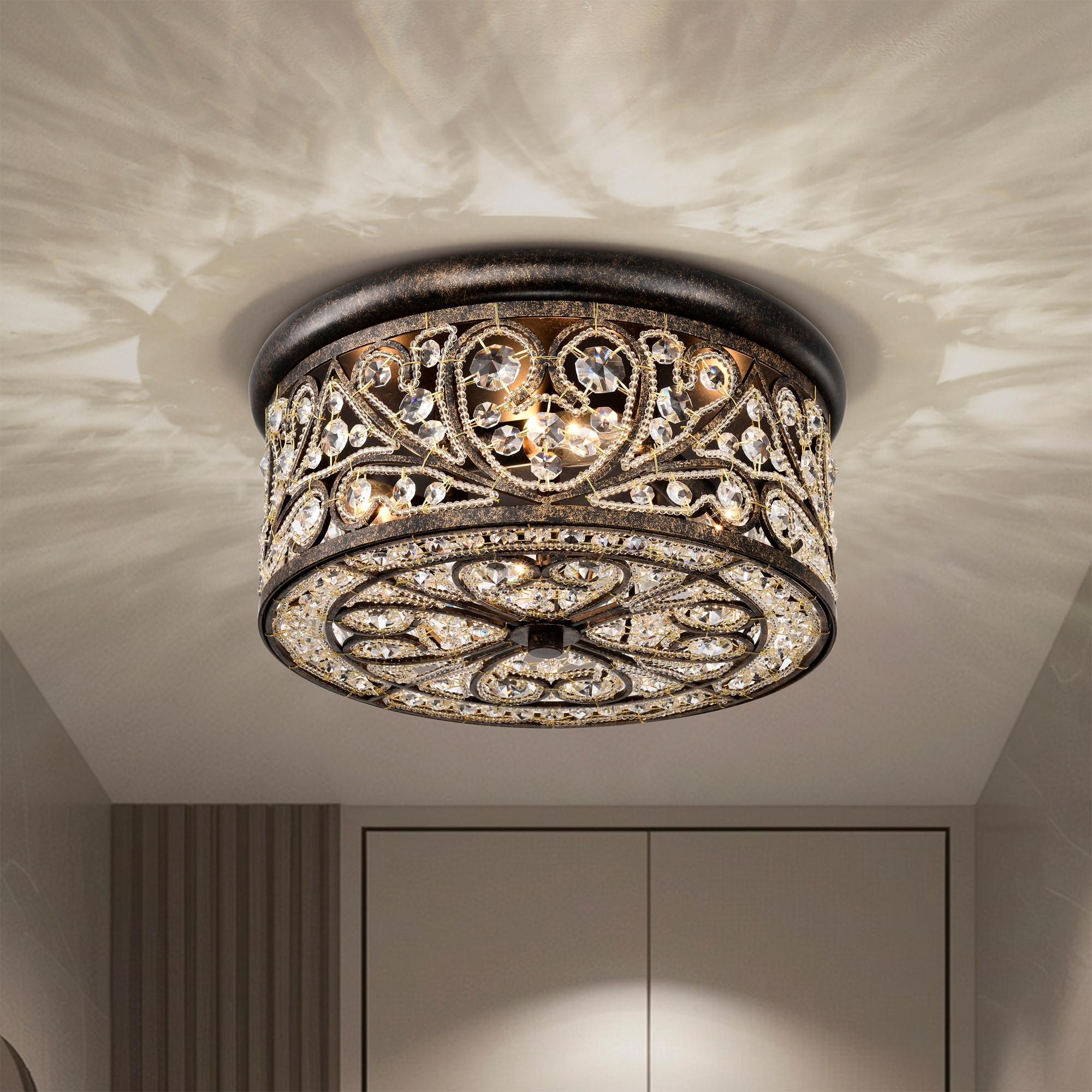 Warehouse of Tiffany Bonfine Antique Bronze 14-inch Flushmount Ceiling Lamp with Crystals