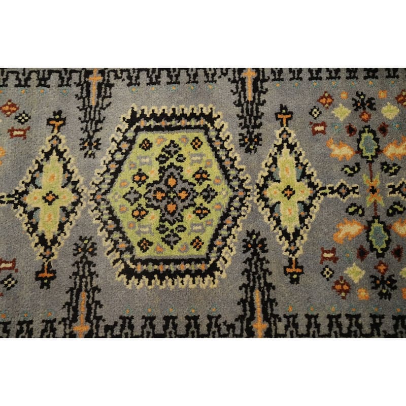 Hand Knotted Oriental 100% Wool Carpet Traditional Geometric Greys & Charcoal Viss Runner Rug - 7' 9'' X 2' 7''