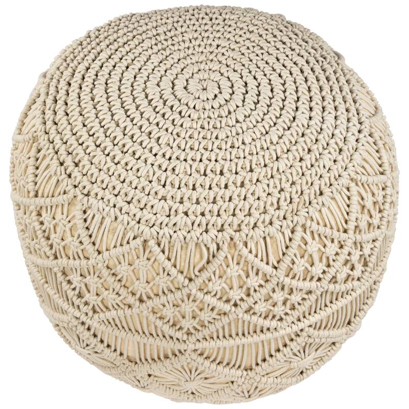 18" Solid Cream Macrame Round Handmade Natural Cotton Pouf