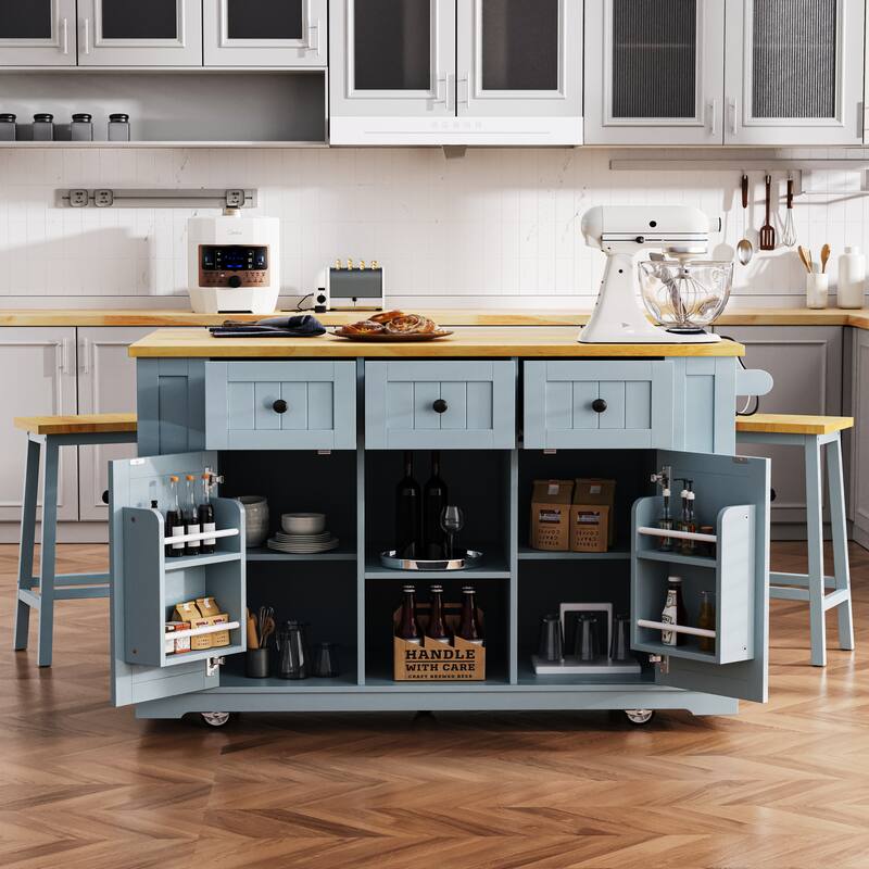 53.14'' Kitchen Island with Drop Leaf, Power Outlet, Door Internal Storage Rack, Rolling Wheels and Drawers - Grey-Blue
