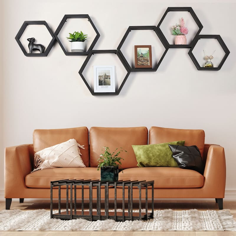 Set of 6 Wooden Hexagon Rustic Floating Shelves in Deep Natural Wood