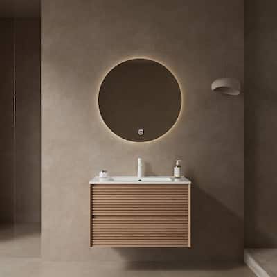 Single Sink Wall-Mounted Bath Vanity in Walnut with White Ceramic Top