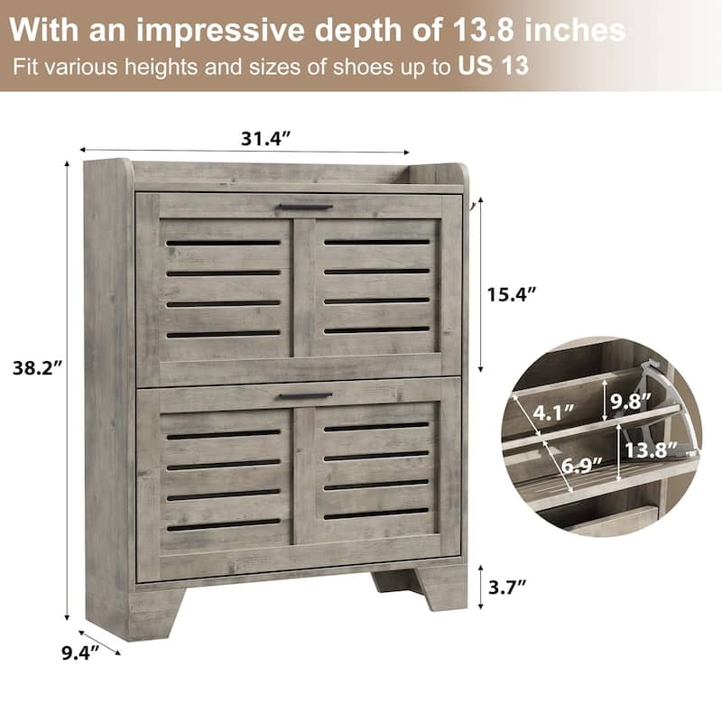Slim Entryway Shoe Cabinet, 2 Flip-Drawer Organizer with Adjustable Shelves