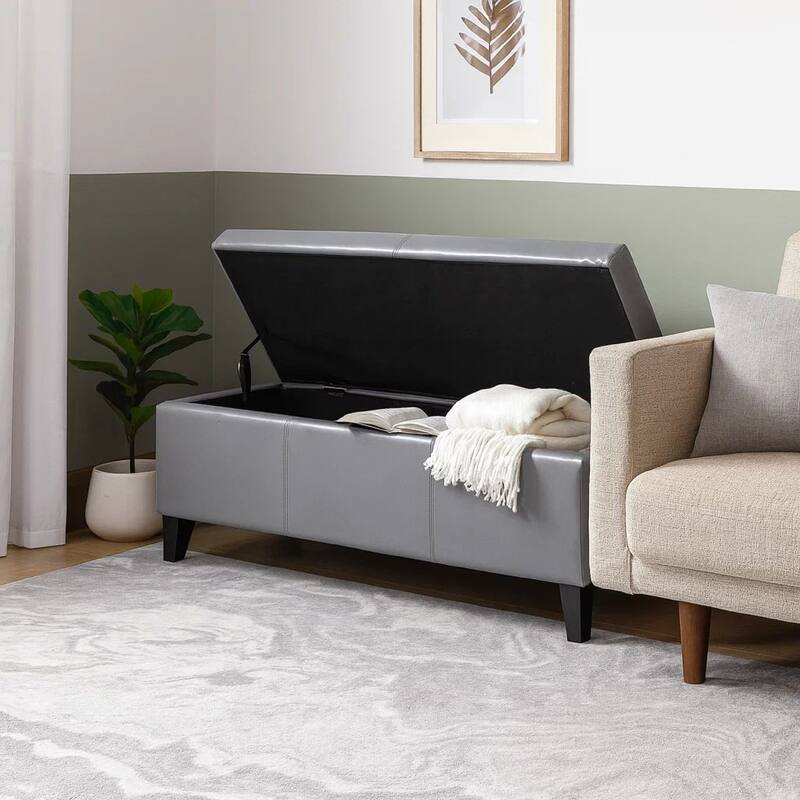 Elias Storage Ottoman Bench, Gray Faux Leather, Stitch Detail, 51 Inch