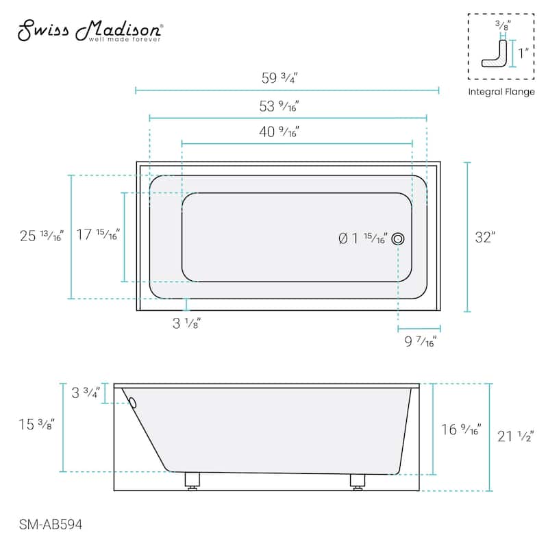 Voltaire 60" X 32" Alcove Bathtub with Apron