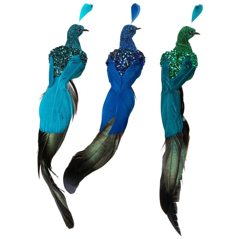 Sequin Peacock Clip-on Christmas Ornaments - 9" - Blue and Green - Set of 3