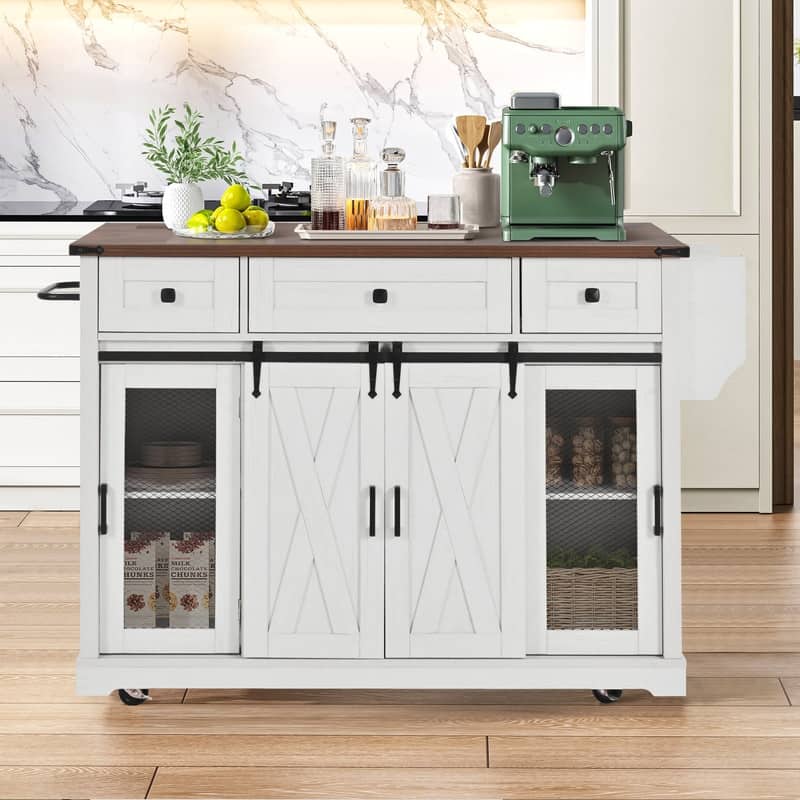 Farmhouse 58" Kitchen Island with Drop Leaf, Rolling Kitchen Island on 5 Wheels with Sliding Barn Door and Adjustable Shelves - White