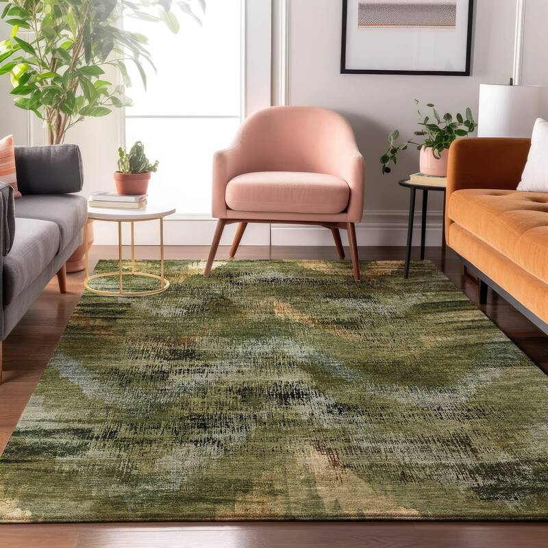 Premium Washable Super Soft Brushstrokes Modern V Mayfield Rug - Olive - 10' x 14' - Rectangle