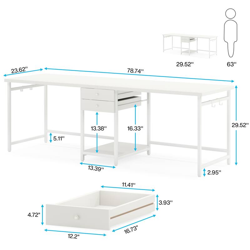 78'' Double Computer Desk with Drawers and Storage Shelves, Extra Large Long Two Person Desk Workstation for Home Office