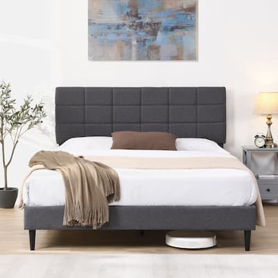 Platform Bed Frame with Fabric Upholstered Headboard and Wooden Slats