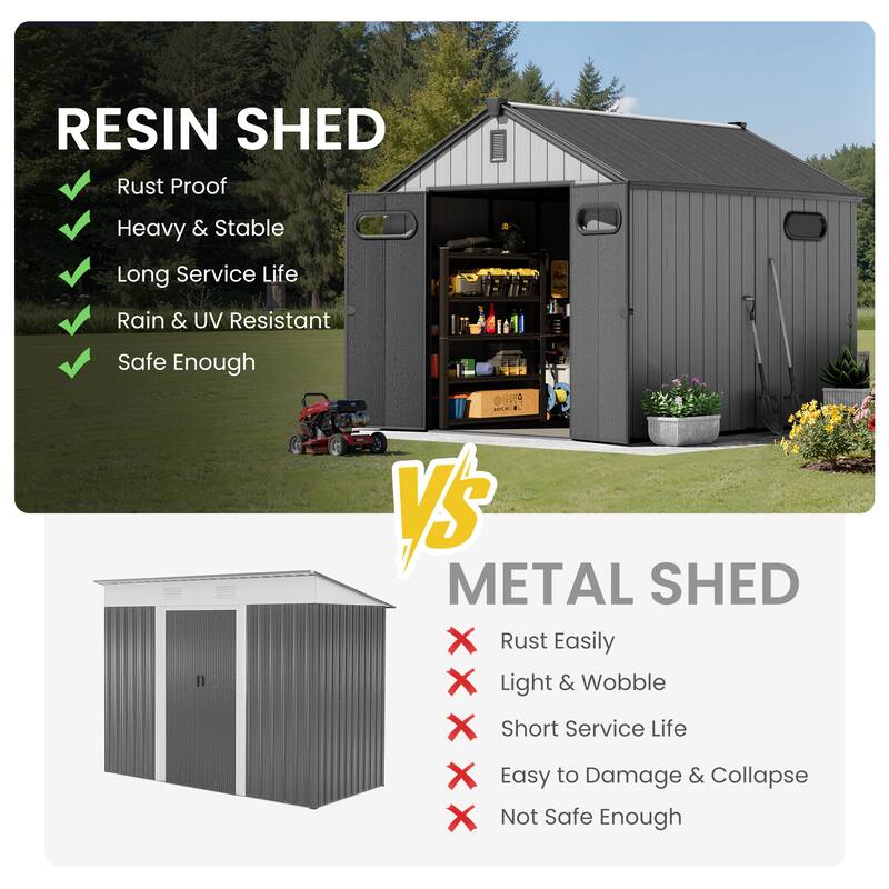 8' x 8' / 8' x 10'/ 8' x 12' Outdoor Resin Storage Shed with Floor & Lockable Doors All-Weather Garden Tool Storage for Patio
