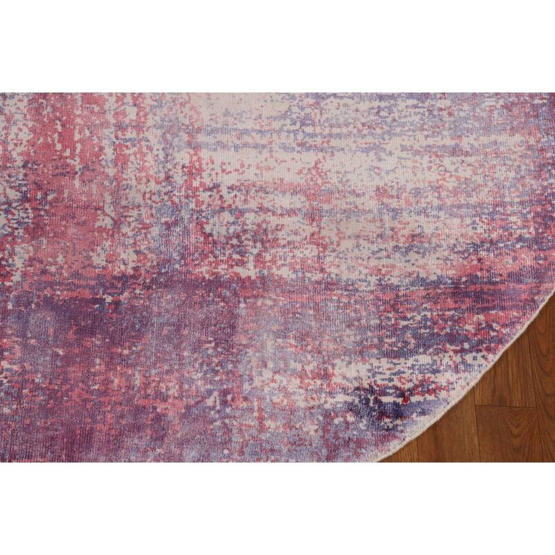 Contemporary Abstract Round Area Rug Handmade Beige Wool Carpet - 6'6" x 6'6"