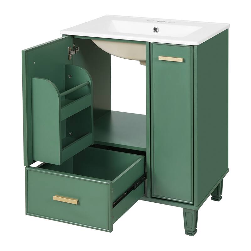 24" Bathroom Vanity with Ceramic Sink, Door Shelf and Drawer, 2-Tier Pull-Out Basket, Solid Wood Frame Bathroom Cabinet