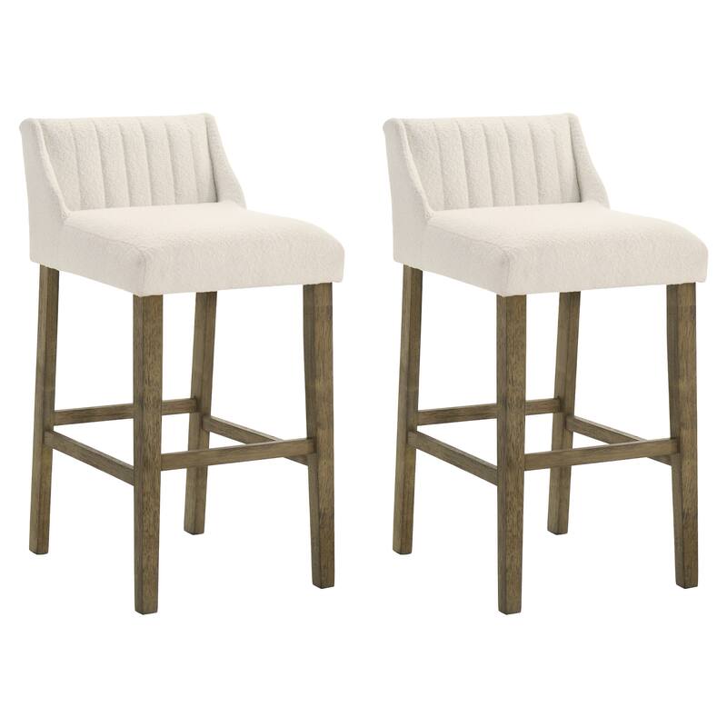 Fauna Low-Back Boucle Bar Stool, Upholstered Counter Height Kitchen Barstool with Wood Legs - Set of 2 - Putty Brown - Bar Height