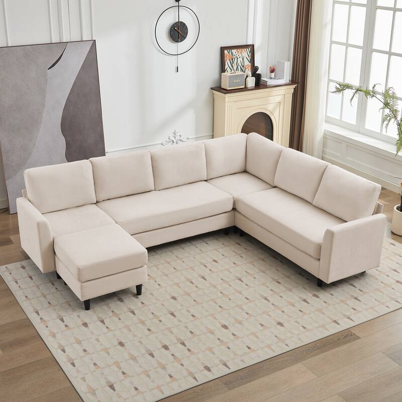 Snow Velvet Sectional Sofa - 5 Seats with 1 Ottoman & 1 Corner Sofa - Light Grey