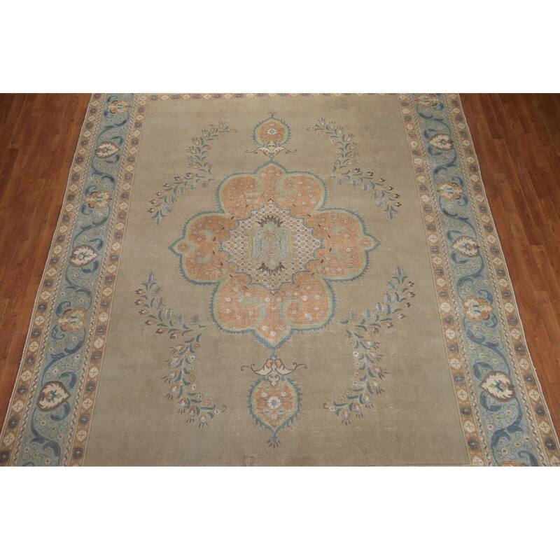 Hand Knotted Oriental 100% Wool Carpet Traditional Medallion Beige & Ivories Tabriz Area Rug - 12' 9'' X 9' 7''