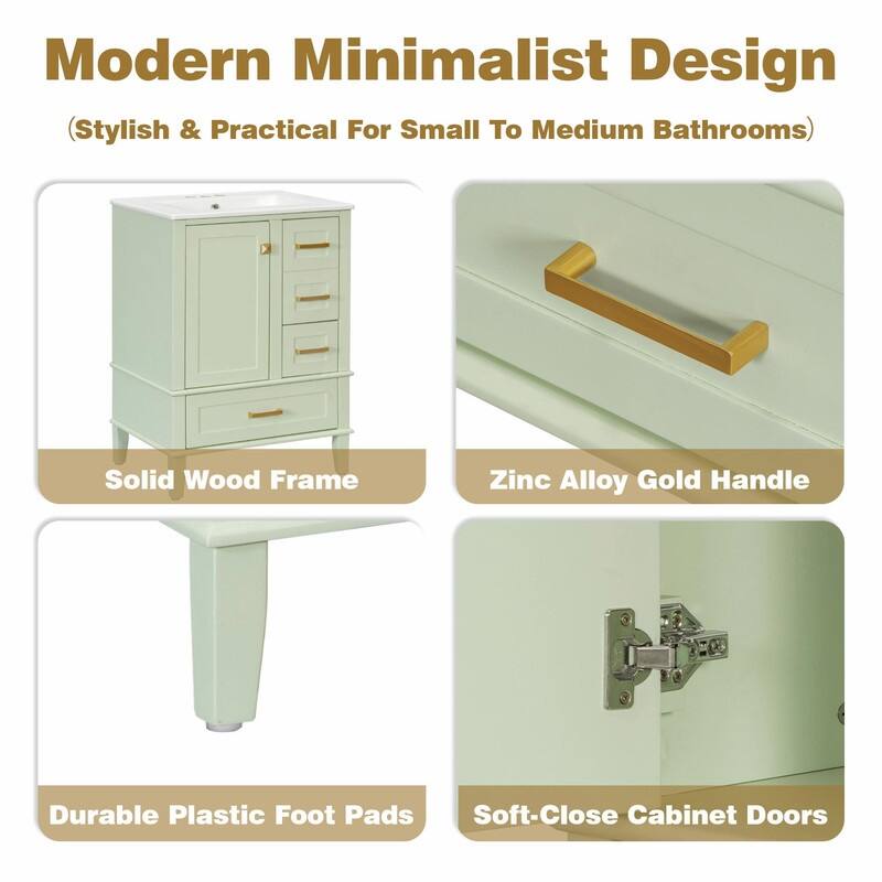 24.8" Bathroom Vanity with Ceramic Sink, Modern Freestanding Cabinet with Soft-Close Door and 3 Storage Drawers